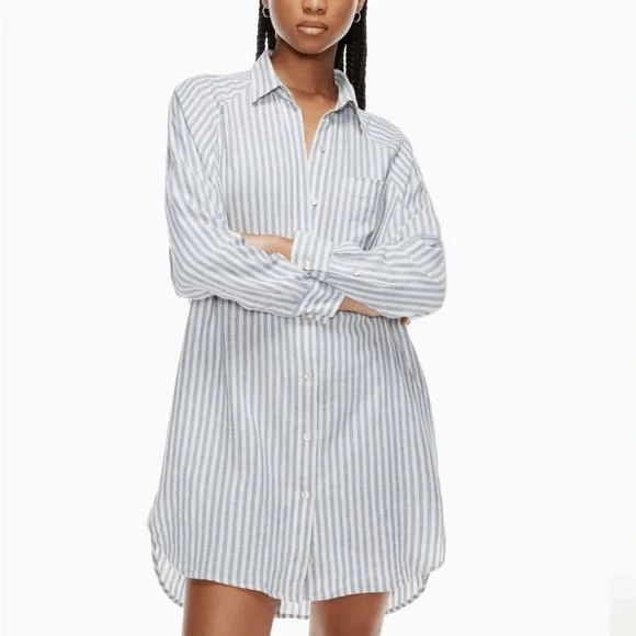 Aritzia Wilfred Free White Blue Striped Boyfriend Linen Shirt Dress Size Small - Picture 1 of 6